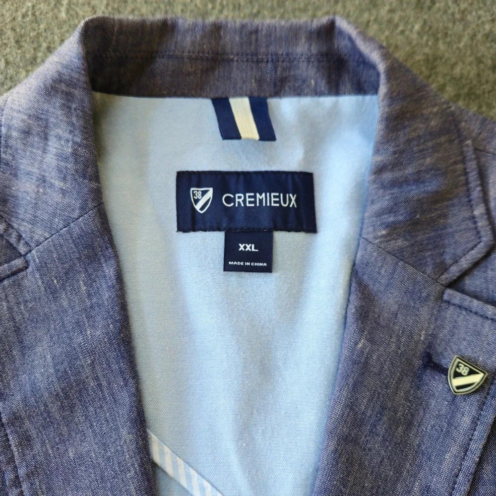 Cremieux Blue Linen Sport Coat XXL Elbow Patch Two Button Butterfly Half Lining